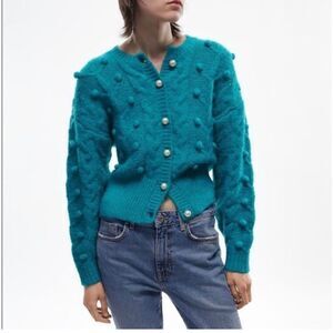 ZARA Faux Pearl Button front Cropped Cardigan Sweater Pom-pom Teal Blue Small